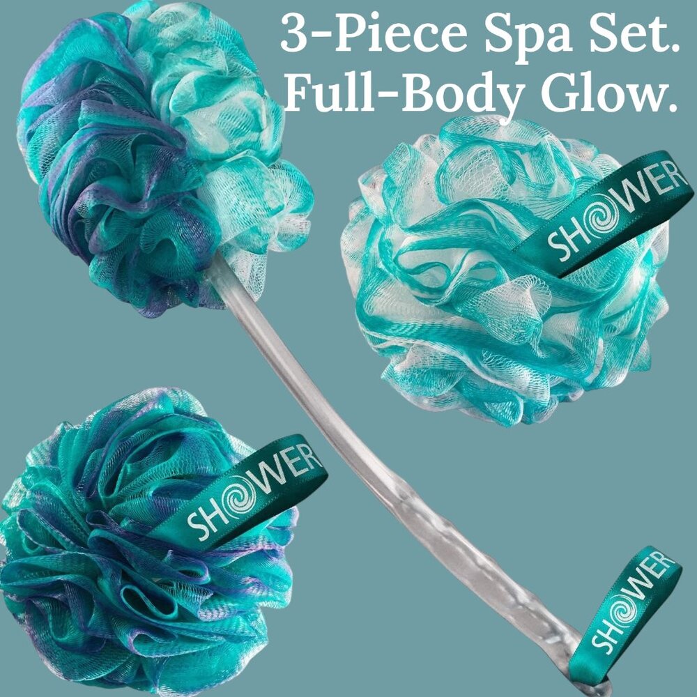 Shower Bouquet Unisex 3-Piece XL Bath Set - Long Handle Back Scrubber+2 Loofahs